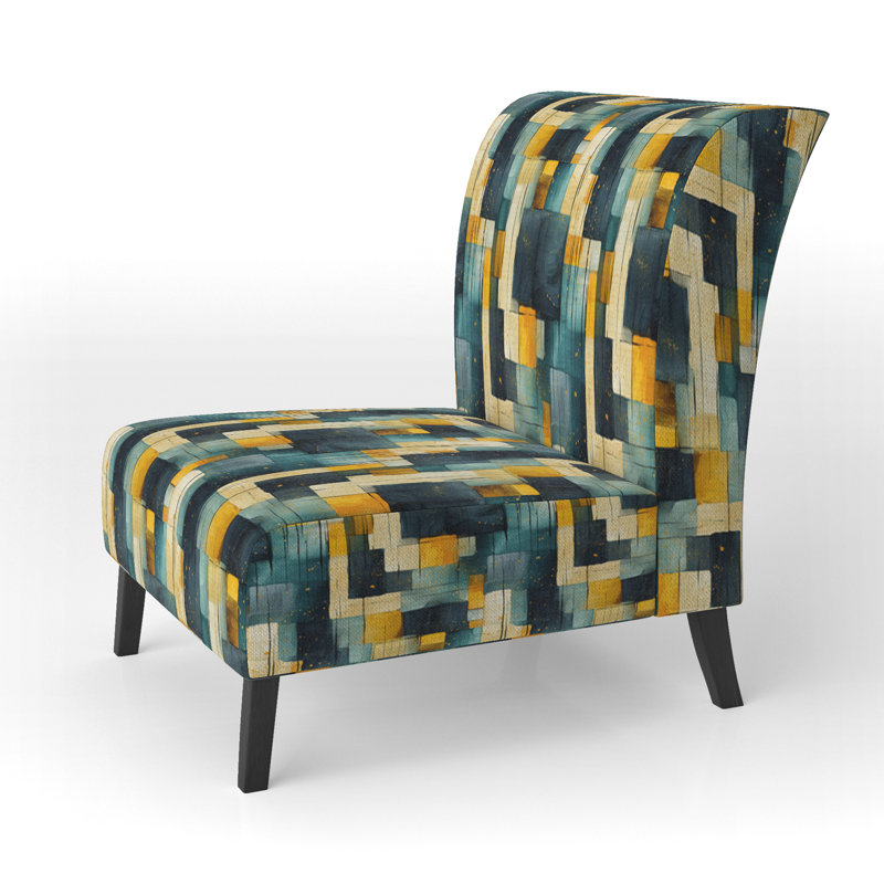 Jaune et bleu sarcelle abstrait géométrique Fusion - Fauteuil de chambre rembourré moderne, fauteuil d'appoint géométrique moderne