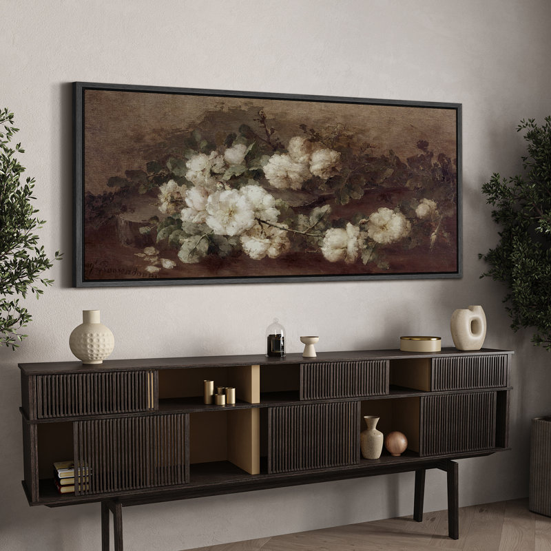 Flower Blossom "Classic Romantic Vintage Floral Rustic Decor Extra Large Framed Print Wall Pictures, 30" H x 60" W, Black