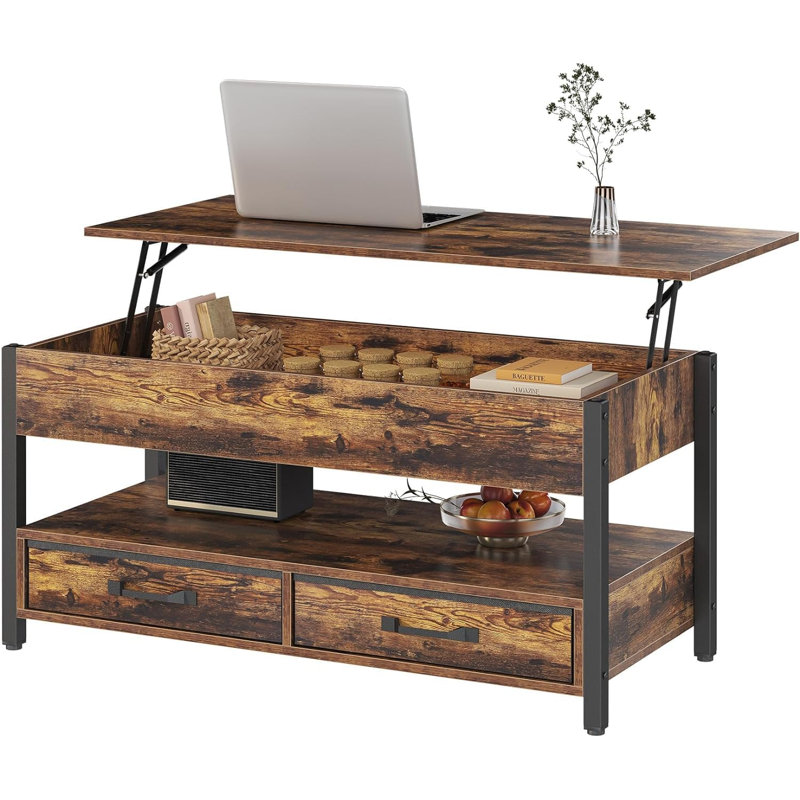 Table basse à plateau relevable Darrelyn, tables basses convertibles multifonctionnelles, Brun
