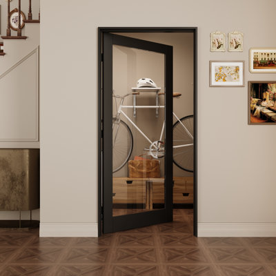 Interior 1‑Lite Black Frame & Clear Glass Door, CARB P2 MDF Prehung Door with SGCC Tempered Glass, with Jamb Kit, Seal Strip, Black Hinges & Left Hand Inswing, Pre‑Finished & Scratch‑Resistant, Pantry, Bedroom, Bathroom & Closet, 36"x 80"