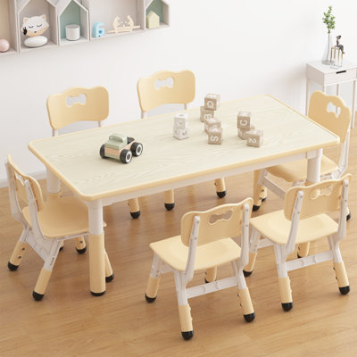 Height Adjustable Table and 6 Chairs Set, Graffiti Desktop with Detachable Storage Box
