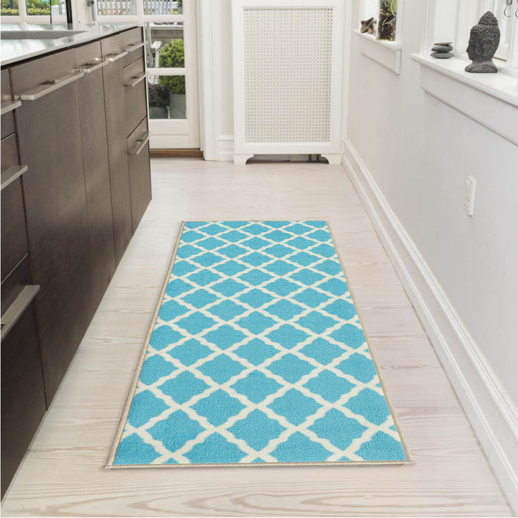 Ottohome Non-Slip Moroccan Trellis Area Rug For Living Room, Hallway Runner, Entryway Rug, Blue