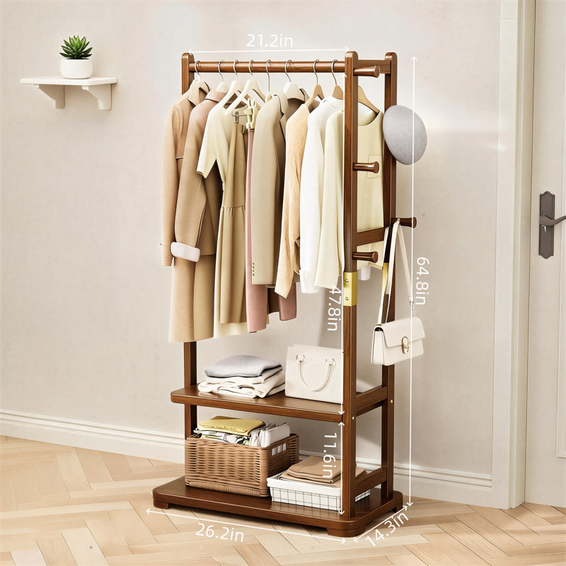 Solid Wood Floor-Standing Heavy-Duty Coat Rack, Double-Layered With Four Hooks, Suitable For Hanging Clothes, Bags, And Hats; Ideal For Entryways, Bedrooms, And Hallways.