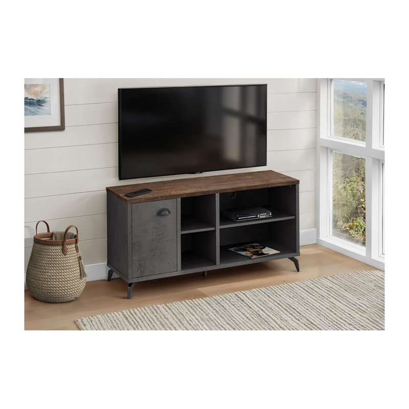 Meuble télé brun et gris avec tablettes réglables