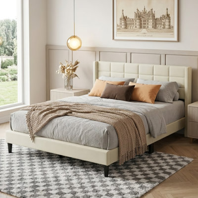 Queen Size Platform Bed Frame With Upholstered Wingback Headboard