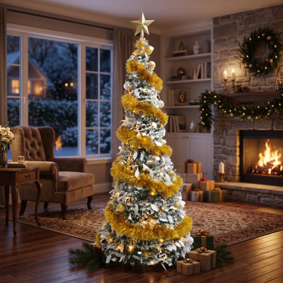 Sapin de Noël artificiel de 1,80 m recouvert de neige, avec 200 lumières DEL, 8 modes d'éclairage, étoile décorative, design mince et étroit, sapin de Noël en PVC préilluminé pour la décoration intérieure