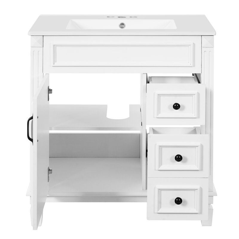 Meuble-lavabo de 30 pouces avec lavabo en céramique, 2 tiroirs et tablette réglable, Blanc
