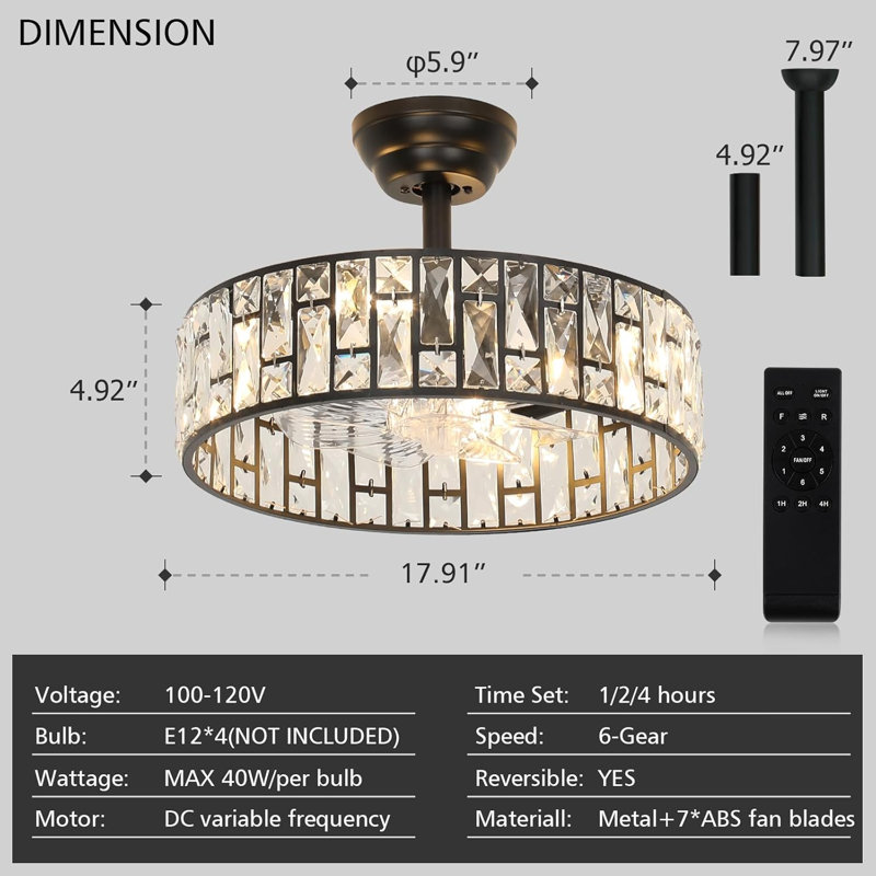 Crystal Caged Ceiling Fan, 18" Modern Industrial Black Ceiling Fans With Remote Control Bladeless Ceiling Fans Lighting, Black Fandelier Fans For Bedroom, Living Room, 6 Speed