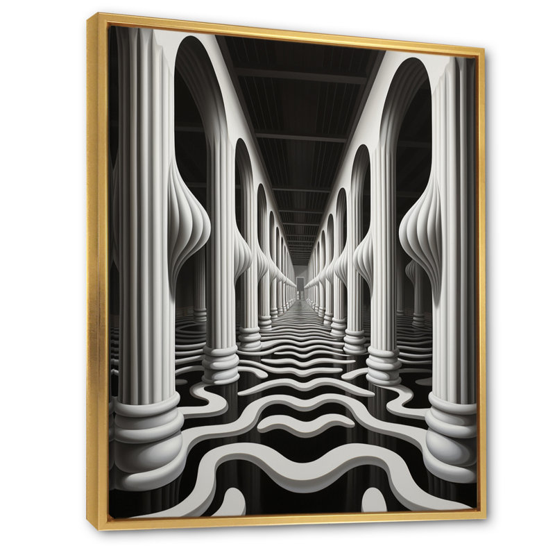 Impression d'art sur toile noir et blanc optique Dream II, Cadre flottant doré, H 20 po x l 12 po x P 1 po