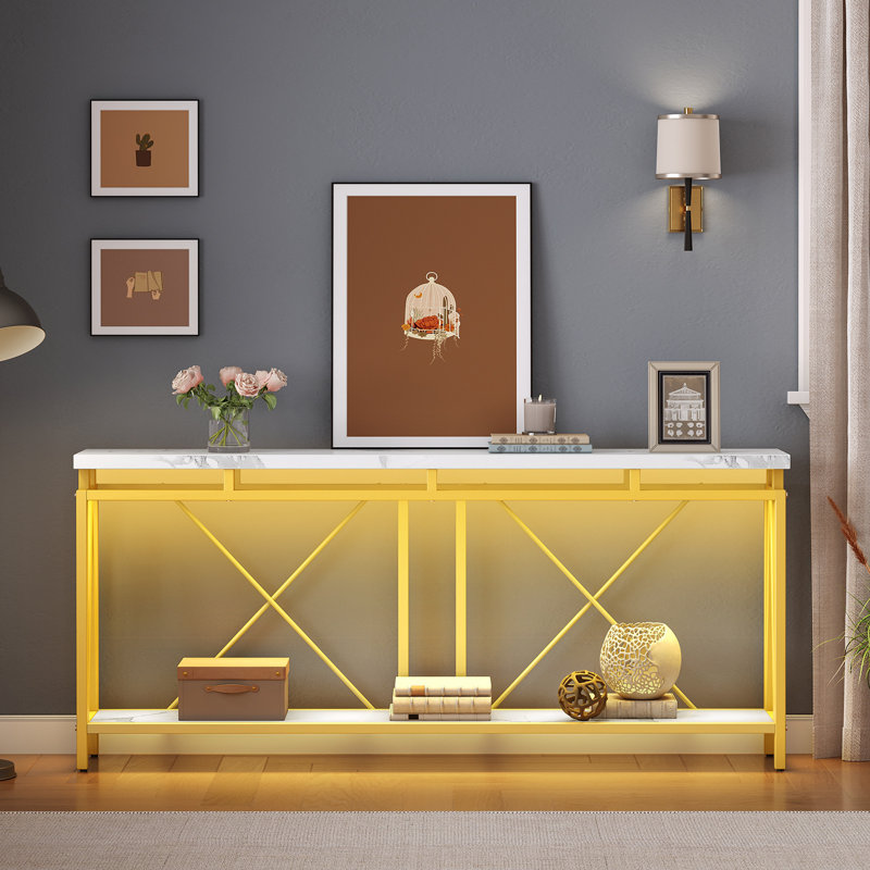 70.9" Marble Veined Table Top 2-Tier Console Table Sofa Table with Open Storage and LED Light