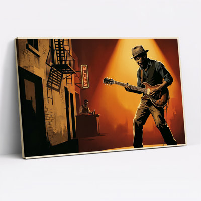 Guitariste de blues avec enseigne lumineuse et toile murale représentant un escalier de secours