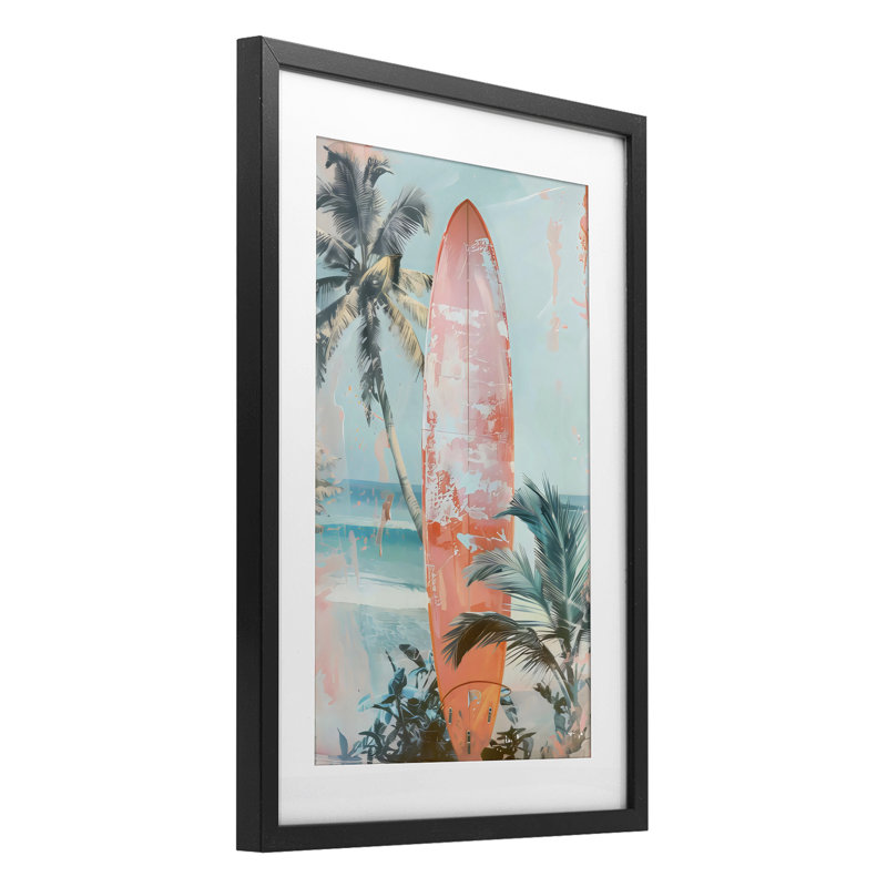 «Peach Surf» patiné, impression sous verre moderne, design par LSR Design Studio, H 20 po x l 14 po, Cadre noir minuit