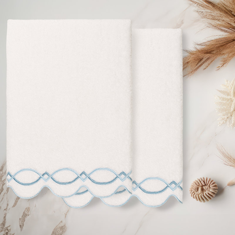  100% Turkish Cotton DIAMOND CHAIN Scallop 2PC Embellished Bath Towel Set, White/Blue, Bath Towel - 2 Pack
