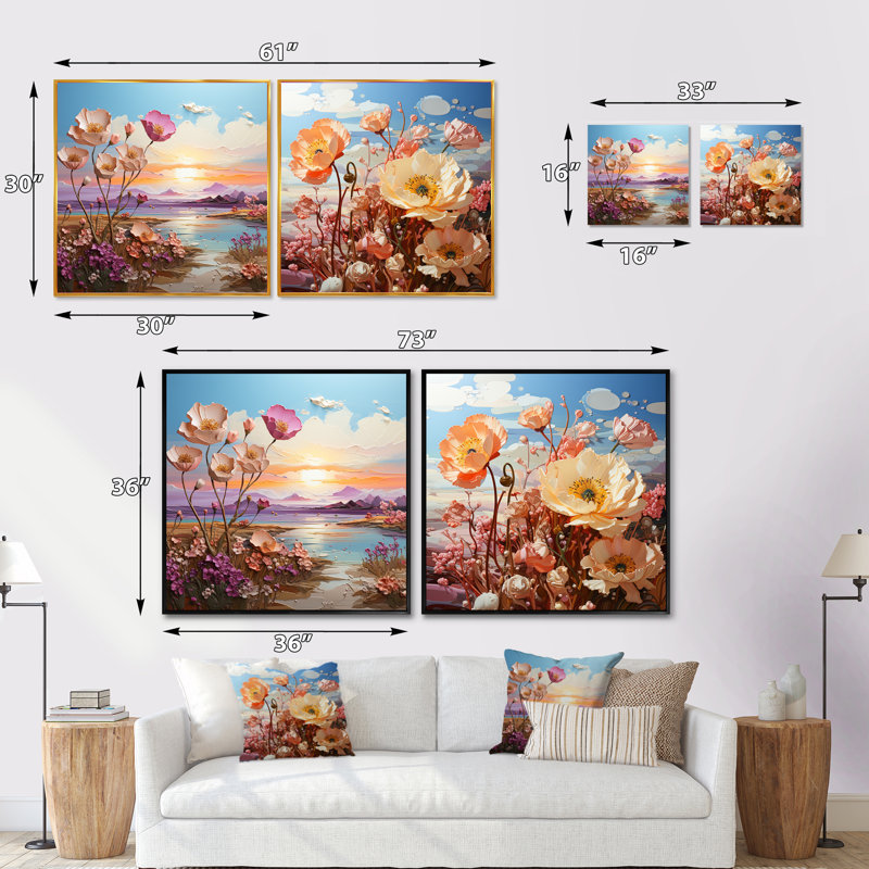 «Pink Poppies Mountain Field», ensemble de 2 collages floraux carrés, Cadre flottant brun, H 30 po x l 61 po