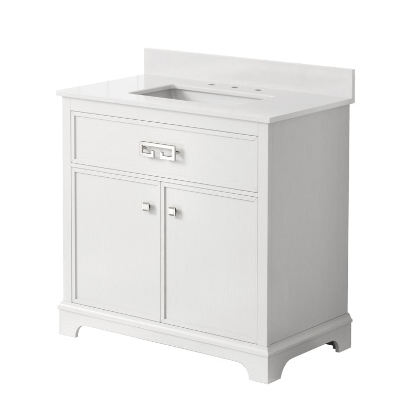 Meuble-lavabo sur pied simple 36 po avec comptoir en marbre d'ingénierie, lavabo en céramique, dosseret