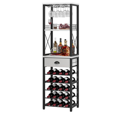 Wine Rack Freestanding Floor, Bar Cabinet for Liquor and Glasses, 4-Tier bar Cabinet with Tabletop, Glass Holder, Storage Drawer and Wine Storage for Living Room（White）
