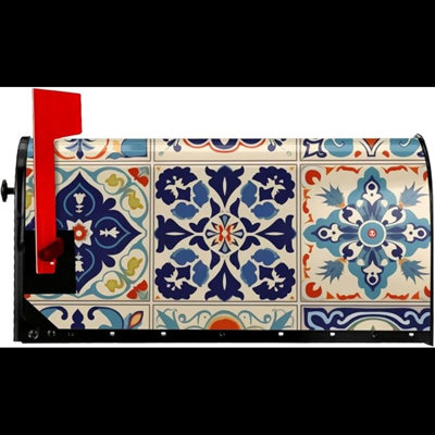 Mailbox Cover Ethnic Ceramic Tile Colourful Patchwork Vintage Mailbox Cover Magnetic Standard Size Personalized Mail Box Cover Replacement For Home Outside Garden Yard Decor, 21X18 Inches