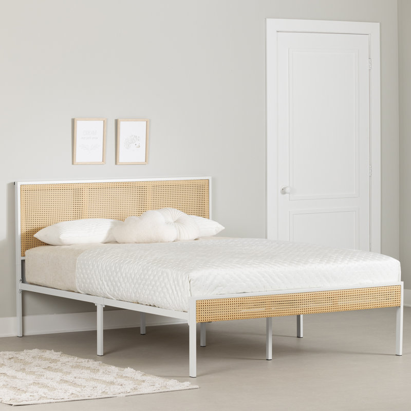 Full White and Natural Metal Platform Bed with Cane Headboard