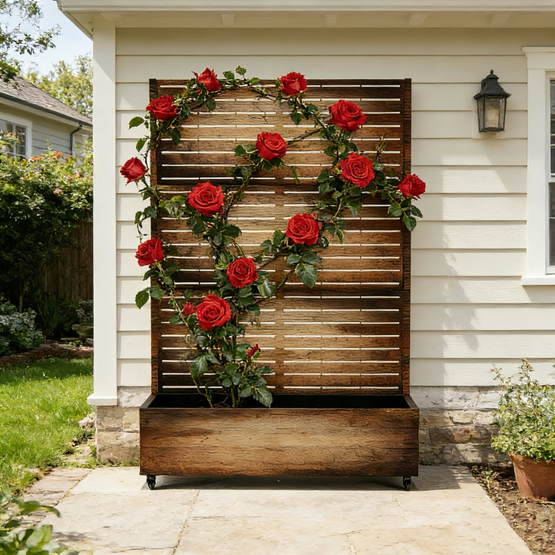 Planter Wall Metal Garden Bed Trellis, Elevated Planter Pot with Drainage & Lockable Wheels, Ideal for Climbing Plants, Vegetables, and Roses – Louver Pattern for Garden Enthusiasts