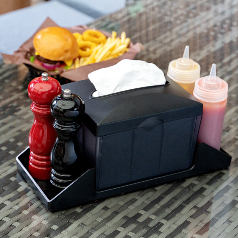 Porte-serviettes de restaurant - 14,83 x 5,83 x 6,5 pouces, 10 distributeurs de serviettes rectangulaires - Plateau de table, facile d'accès, distributeurs de serviettes de table en plastique noir, rechargeables, pour les comptoirs