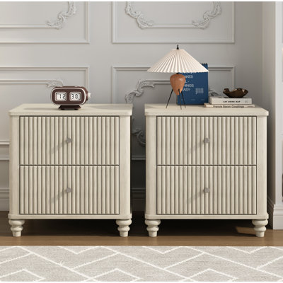 Table de chevet cannelée 2 pièces, table d'appoint de 21,65 po de largeur avec 3 tiroirs, table de chevet moderne en bois avec poignée en métal, table de chevet en bois pour chambre à coucher, salon, placard, beige