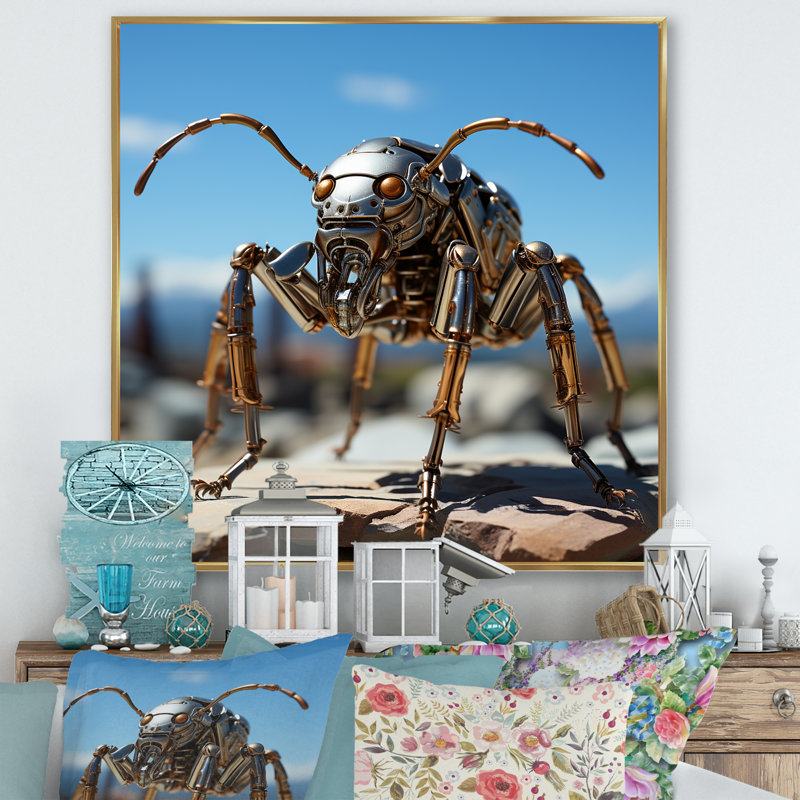Fourmis industrielles II sur toile, H 24 po x l 24 po x P 1 po, Cadre flottant doré