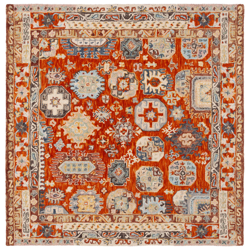 Shafiya Tufted Wool/Cotton Southwestern Rug in Rust/Ivory, Square 7'