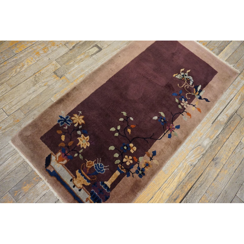 1920s Floral Purple / Lavender Mauve Antique Rectangle Hand Knotted Pile Wool Rug