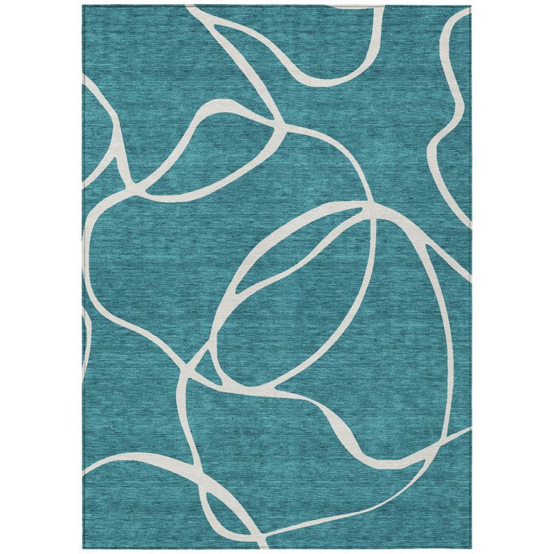 Tapis extérieur bleu sarcelle et ivoire lavable abstrait 9 pi x 12 pi bleu sarcelle et ivoire