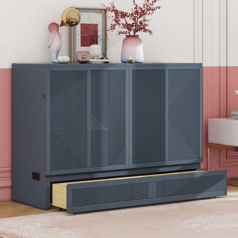 Grand lit escamotable avec grand tiroir, ports USB et prises USB, gris