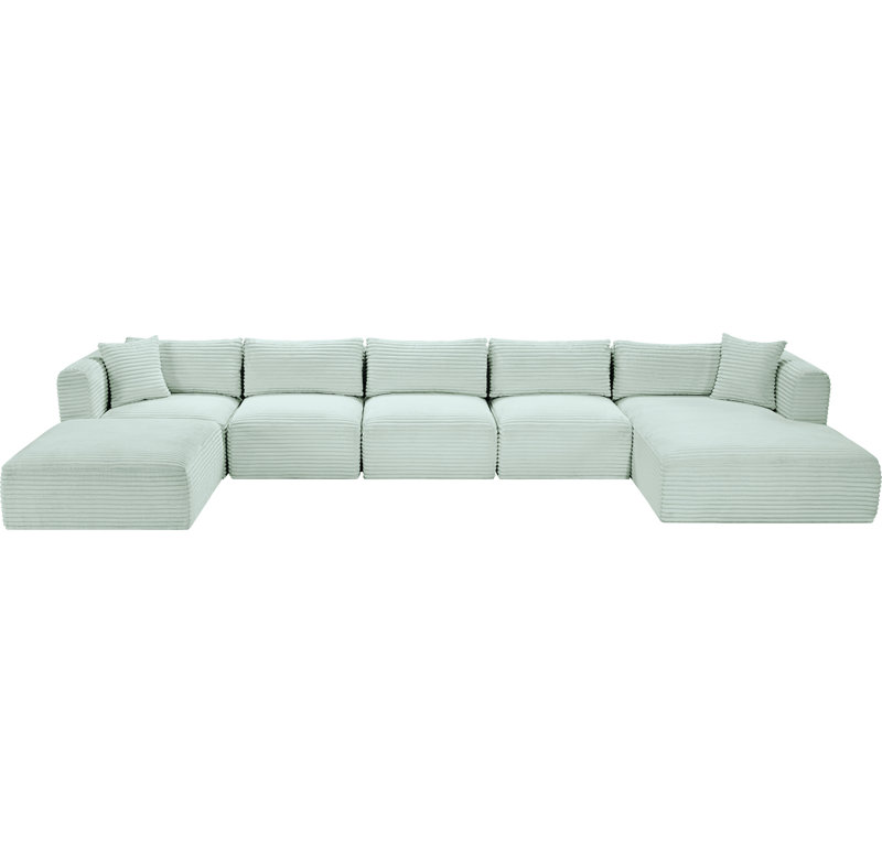 Canapé modulaire Carmean, Velours côtelé texturé velours menthe, 3 sans accoudoirs, 1 méridienne, 1 d'angle et 1 r