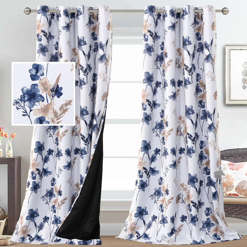 Rideau 100% occultant à motif floral Peshy, Bleu marine / taupe, L 84 po x l 52 po