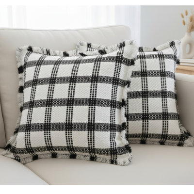 Checkered Pattern Woven Cotton Pillow Covers With Fringe, Plaid Cushion Covers With Tassels Set of 2