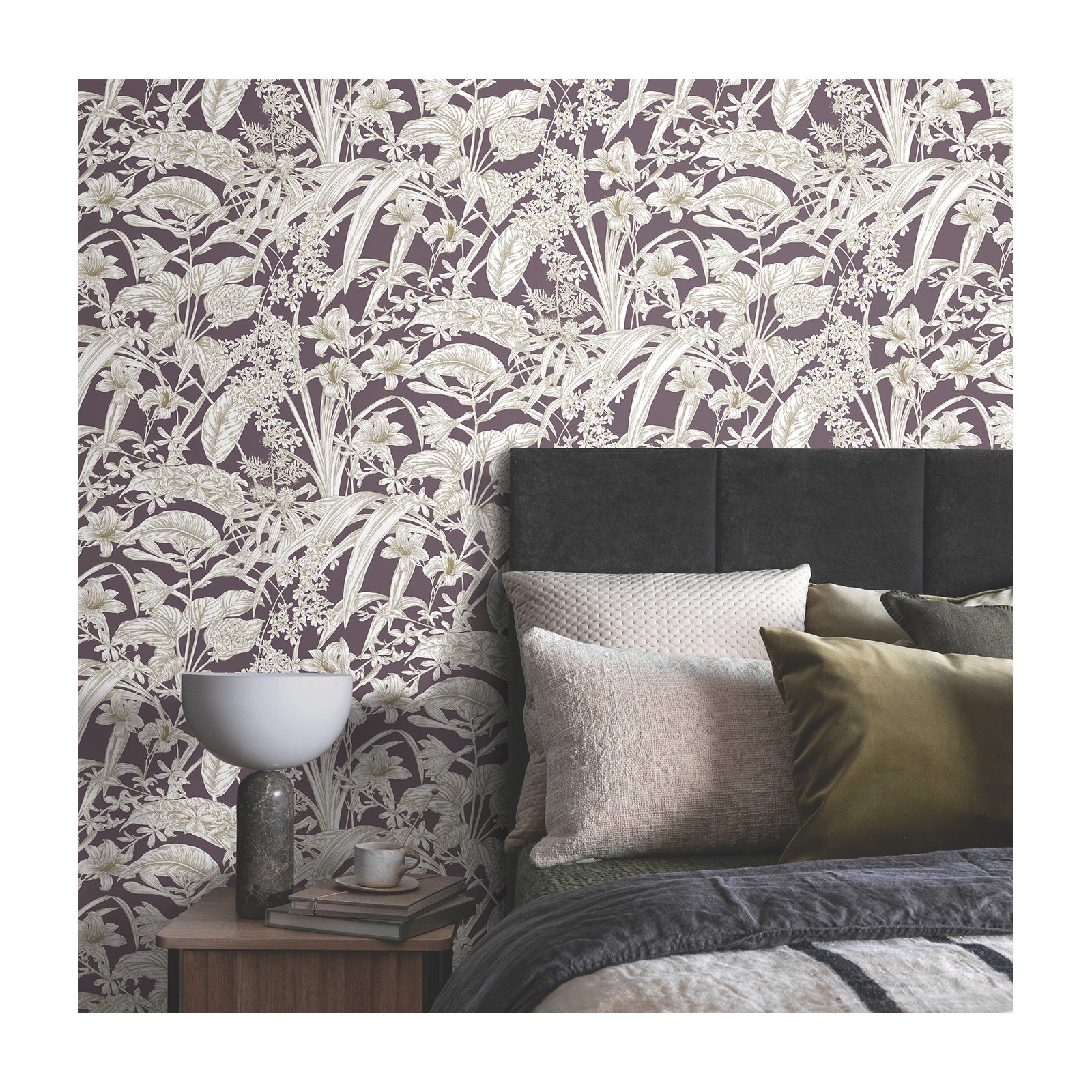 Conservatory Toile Floral,Solids Wallpaper, Mulberry