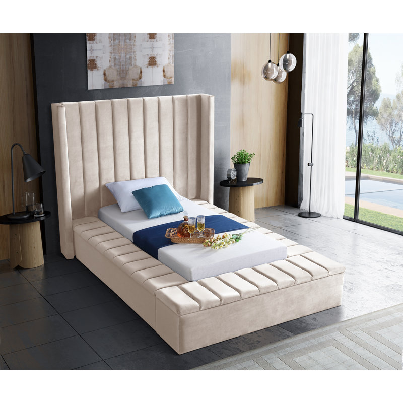 Rick Upholstered Wingback Bed, Twin, Cream Velvet