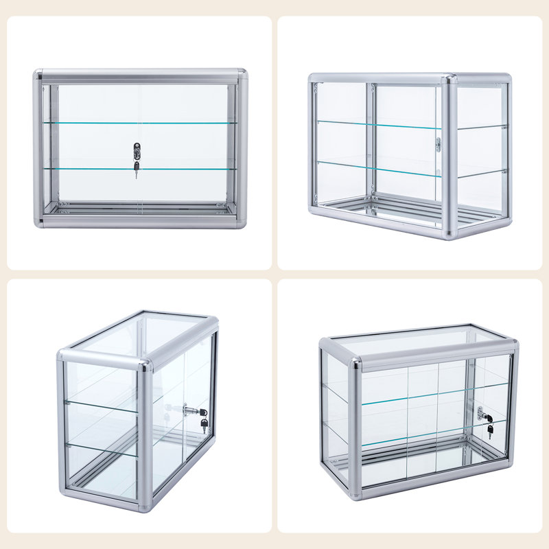 Silver Aluminum and Glass Countertop Display Case with Lock