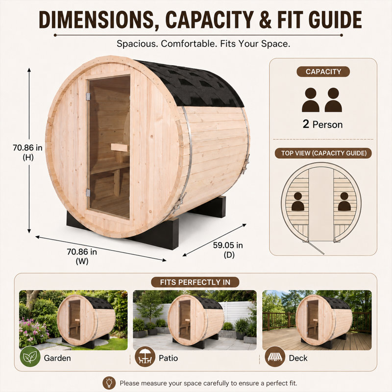 Ensemble de sauna extérieur pour 2 personnes Duthss, sauna traditionnel en bois à vapeur pour la maison avec toit imperméable, chauffage électrique 220 V 4,5 kW, vitre panoramique semi-circulaire