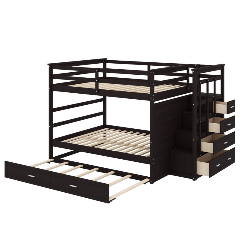 Lit double superposé au dessus d'un lit double avec gigogne simple, Espresso