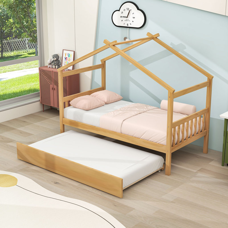 Lit en bois en forme de maison avec toit suspendu et lit gigogne simple, Naturel, Simple