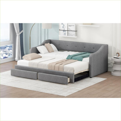 Lit de jour convertible rembourré, multi-pièces, gris froid, lit simple TG à lit double extensible avec tiroirs de rangement intégrés