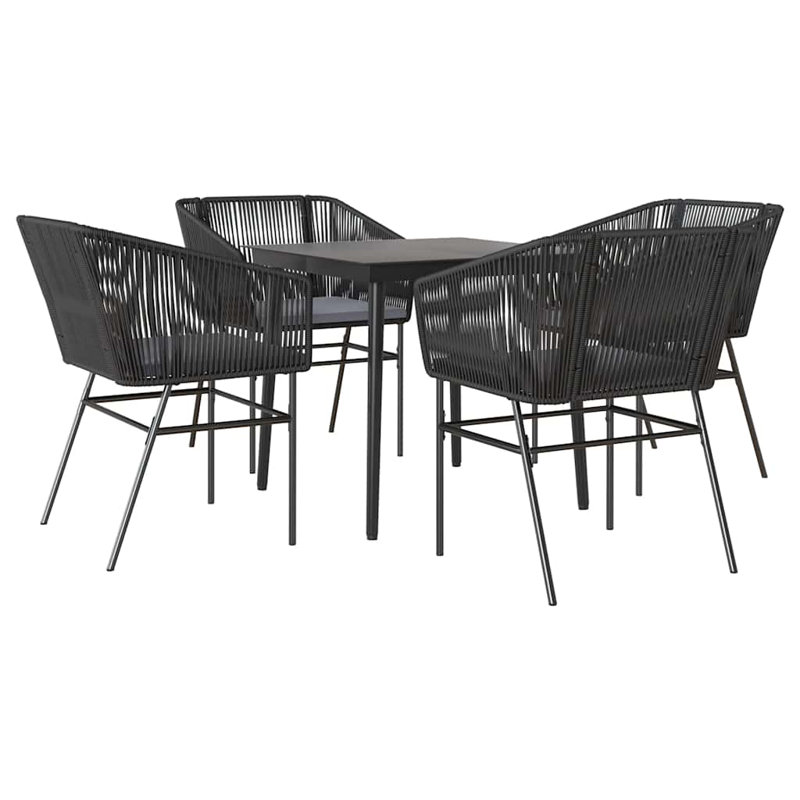 Ensemble repas de patio avec coussins en verre et poly rotin, H 29,1 po x l 31,5 po x L 31,5 po, 4, Noir / Noir
