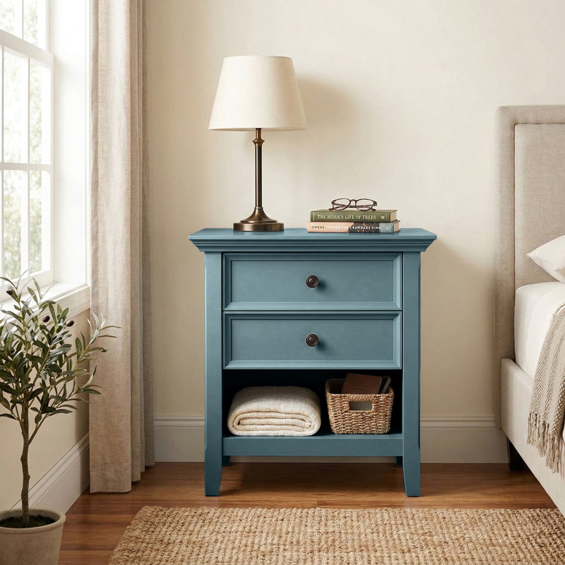 Amherst 24"W Solid Wood Transitional Nightstand With 2 Drawers And Open Storage Shelf