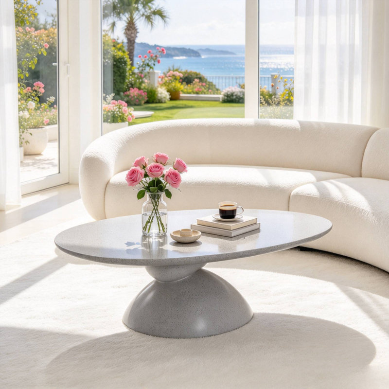 Table basse ovale moderne en pierre 47,27 ", base sculpturale en fibre de verre pour salon et appartement