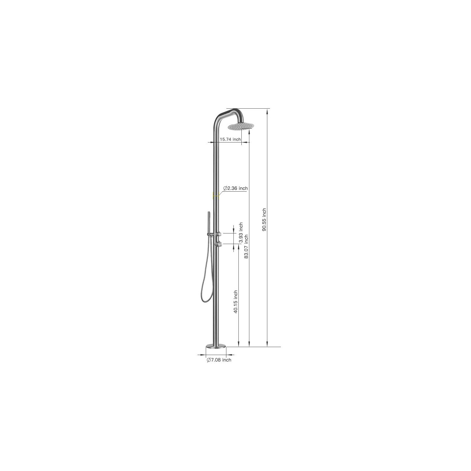 Stainless Steel Free Standing Outdoor Shower, Brushed