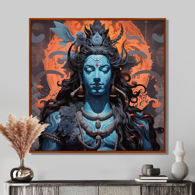 Portrait de Shiva bleu - impression d'art mural de l'hindouisme, Cadre flottant brun, H 16 po x l 16 po x P 1 po