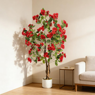 Faux Plant in Pot with Red Flowers for Indoor Outdoor Decor