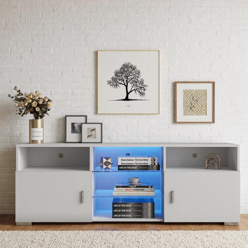 Meuble télé moderne blanc pour téléviseur de 32 à 60 pouces - Élégante console multimédia à DEL avec rangement et tablettes réglables