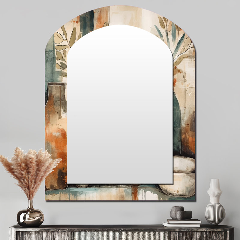 Orange And Green Channeling Bohemian Vibes - Boho Feather Asymmetrical Unique Wall Mirror, Traditional Unique Shape Mirror, Printed Metal Art
