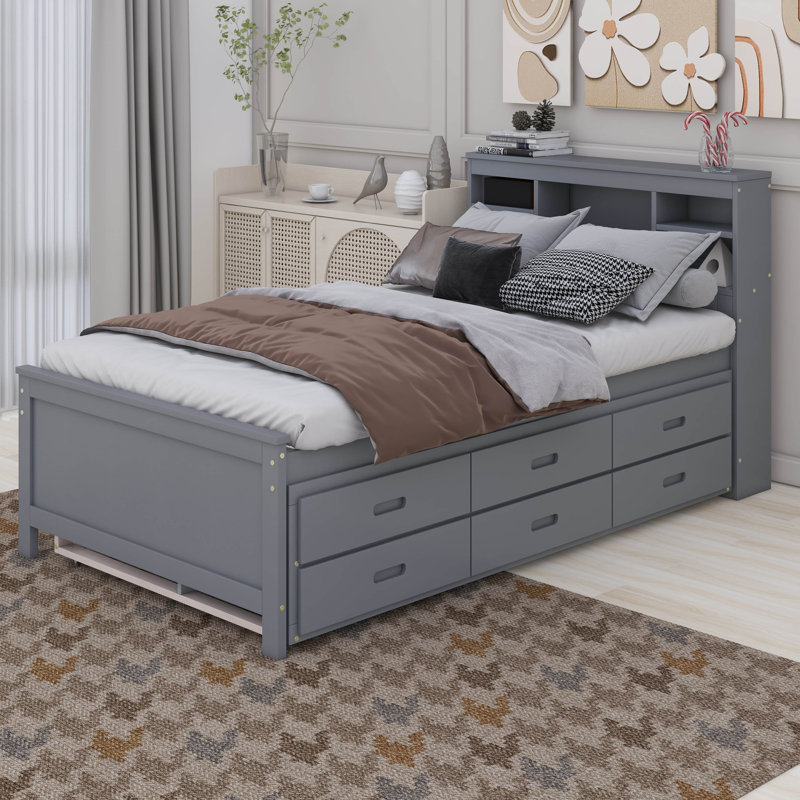 Lit plateforme Nyliah avec tête de rangement, USB, lit gigogne et 3 tiroirs, Simple, gris