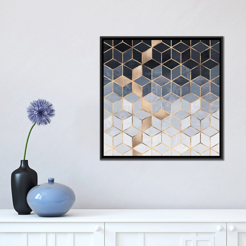 «Soft Blue Cubes» par Elisabeth Fredriksson - impression d'art graphique, Toile avec cadre noir, H 18 po x l 18 po x 1,5 po